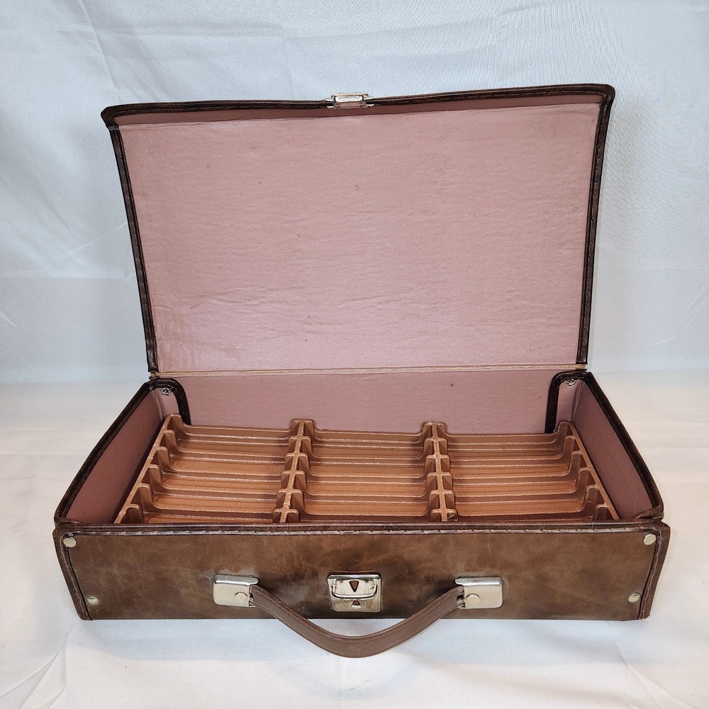 Vintage 24 Audio Cassette Storage Carrying Case Tapes USA Faux Brown Leather